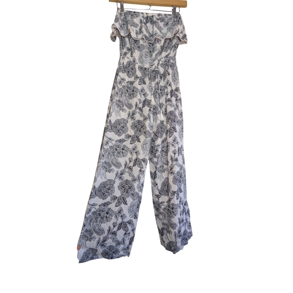 Victoria's Secret Floral Wide Leg Jumpsuit XS White Black Pom Pom Trim Boho
